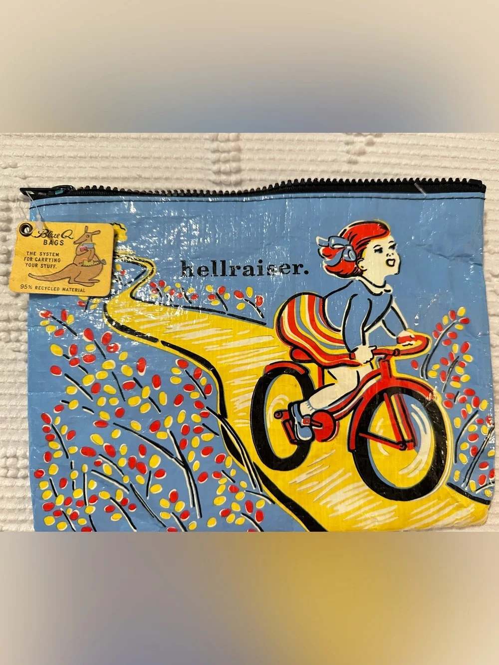 Blue 'hellraiser' Zip Pouch with Colorful Bicycle Graphic